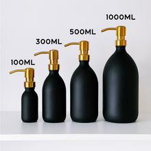 Load image into Gallery viewer, Matt Black Glass Dispenser Bottle With Gold Metal Pump