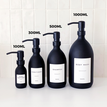 Load image into Gallery viewer, Matt Black Glass Dispenser Bottle With Personalised Label & Black Metal Pump