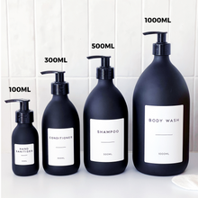 Load image into Gallery viewer, Matt Black Glass Dispenser Bottle With Personalised Label & Black Plastic Pump