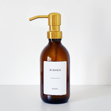 Load image into Gallery viewer, Amber Glass Or Plastic Dispenser Bottle With Personalised Label & Gold Metal Pump