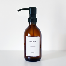 Load image into Gallery viewer, Amber Glass Or Plastic Dispenser Bottle With Personalised Label & Black Metal Pump