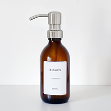 Load image into Gallery viewer, Amber Glass Or Plastic Dispenser Bottle With Personalised Label & Silver Metal Pump