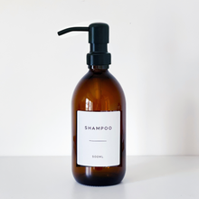 Load image into Gallery viewer, Amber Glass Or Plastic Dispenser Bottle With Personalised Label & Black Metal Pump