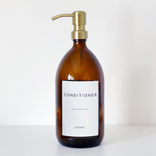 Load image into Gallery viewer, Amber Glass Or Plastic Dispenser Bottle With Personalised Label & Light Brushed Gold Metal Pump