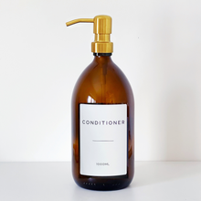 Load image into Gallery viewer, Amber Glass Or Plastic Dispenser Bottle With Personalised Label & Gold Metal Pump