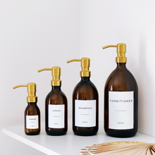 Load image into Gallery viewer, Amber Glass Or Plastic Dispenser Bottle With Personalised Label & Gold Metal Pump