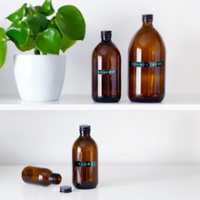 Load image into Gallery viewer, Amber Glass Or Plastic Bottle With Stamped Label & Black Metal Screw Lid