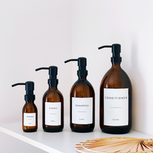 Load image into Gallery viewer, Amber Glass Or Plastic Dispenser Bottle With Personalised Label & Black Metal Pump
