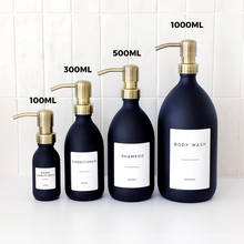 Load image into Gallery viewer, Matt Black Glass Dispenser Bottle With Personalised Label & Light Brushed Gold Metal Pump