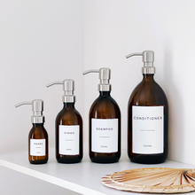 Load image into Gallery viewer, Amber Glass Or Plastic Dispenser Bottle With Personalised Label & Silver Metal Pump