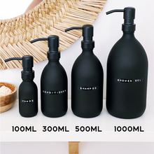 Load image into Gallery viewer, Matt Black Glass Dispenser Bottle With Stamped Personalised Label & Black Metal Pump