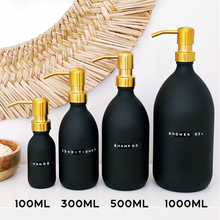 Load image into Gallery viewer, Matt Black Glass Dispenser Bottle With Stamped Personalised Label & Gold Metal Pump