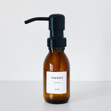 Load image into Gallery viewer, Amber Glass Or Plastic Dispenser Bottle With Personalised Label & Black Metal Pump