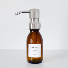 Load image into Gallery viewer, Amber Glass Or Plastic Dispenser Bottle With Personalised Label & Silver Metal Pump