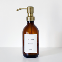 Load image into Gallery viewer, Amber Glass Or Plastic Dispenser Bottle With Personalised Label & Light Brushed Gold Metal Pump