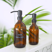 Load image into Gallery viewer, Amber Glass Or Plastic Dispenser Bottle With Stamped Personalised Label And Black Metal Pump