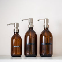 Load image into Gallery viewer, Amber Glass Or Plastic Dispenser Bottle With Stamped Personalised Label And Silver Metal Pump