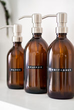 Load image into Gallery viewer, Amber Glass Or Plastic Dispenser Bottle With Stamped Personalised Label And Silver Metal Pump