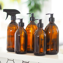 Load image into Gallery viewer, Amber Glass Or Plastic Dispenser Bottle With Black Plastic Pump
