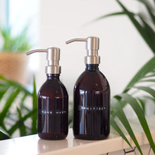 Load image into Gallery viewer, Amber Glass Or Plastic Dispenser Bottle With Stamped Personalised Label And Silver Metal Pump