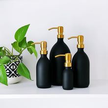 Load image into Gallery viewer, Matt Black Glass Dispenser Bottle With Gold Metal Pump
