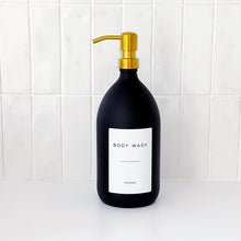 Load image into Gallery viewer, Matt Black Glass Dispenser Bottle With Personalised Label & Gold Metal Pump
