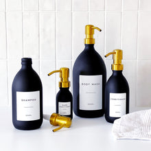 Load image into Gallery viewer, Matt Black Glass Dispenser Bottle With Personalised Label & Gold Metal Pump
