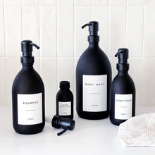 Load image into Gallery viewer, Matt Black Glass Dispenser Bottle With Personalised Label & Black Metal Pump