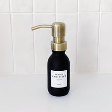Load image into Gallery viewer, Matt Black Glass Dispenser Bottle With Personalised Label & Light Brushed Gold Metal Pump