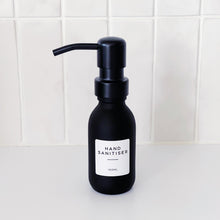 Load image into Gallery viewer, Matt Black Glass Dispenser Bottle With Personalised Label & Black Metal Pump