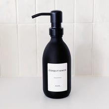 Load image into Gallery viewer, Matt Black Glass Dispenser Bottle With Personalised Label & Black Metal Pump