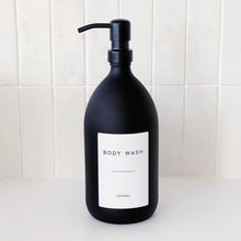 Load image into Gallery viewer, Matt Black Glass Dispenser Bottle With Personalised Label & Black Metal Pump