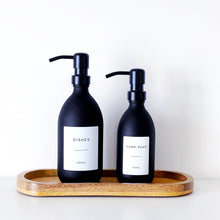 Load image into Gallery viewer, Matt Black Glass Dispenser Bottle With Personalised Label & Black Metal Pump