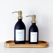 Load image into Gallery viewer, Matt Black Glass Dispenser Bottle With Personalised Label & Light Brushed Gold Metal Pump
