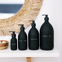 Load image into Gallery viewer, Matt Black Glass Dispenser Bottle With Stamped Personalised Label & Black Plastic Pump