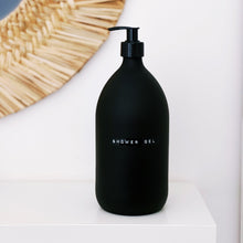 Load image into Gallery viewer, Matt Black Glass Dispenser Bottle With Stamped Personalised Label & Black Plastic Pump