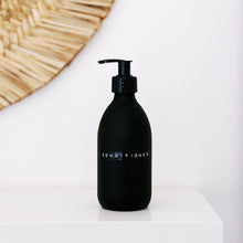 Load image into Gallery viewer, Matt Black Glass Dispenser Bottle With Stamped Personalised Label & Black Plastic Pump