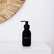 Load image into Gallery viewer, Matt Black Glass Dispenser Bottle With Stamped Personalised Label & Black Plastic Pump