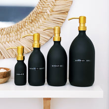 Load image into Gallery viewer, Matt Black Glass Dispenser Bottle With Stamped Personalised Label & Gold Metal Pump
