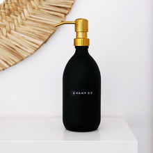 Load image into Gallery viewer, Matt Black Glass Dispenser Bottle With Stamped Personalised Label & Gold Metal Pump