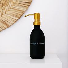 Load image into Gallery viewer, Matt Black Glass Dispenser Bottle With Stamped Personalised Label & Gold Metal Pump