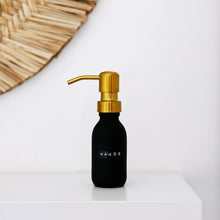 Load image into Gallery viewer, Matt Black Glass Dispenser Bottle With Stamped Personalised Label & Gold Metal Pump