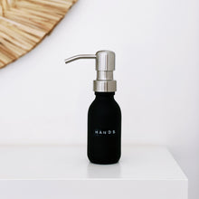Load image into Gallery viewer, Matt Black Glass Dispenser Bottle With Stamped Personalised Label & Silver Metal Pump