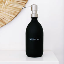 Load image into Gallery viewer, Matt Black Glass Dispenser Bottle With Stamped Personalised Label & Silver Metal Pump