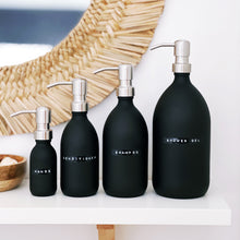 Load image into Gallery viewer, Matt Black Glass Dispenser Bottle With Stamped Personalised Label & Silver Metal Pump