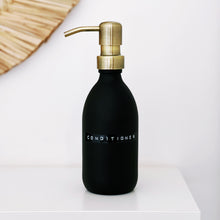 Load image into Gallery viewer, Matt Black Glass Dispenser Bottle With Stamped Personalised Label & Light Brushed Gold Metal Pump