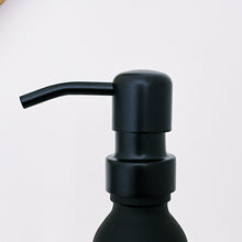 Load image into Gallery viewer, Matt Black Glass Dispenser Bottle With Stamped Personalised Label & Black Metal Pump
