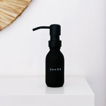 Load image into Gallery viewer, Matt Black Glass Dispenser Bottle With Stamped Personalised Label & Black Metal Pump