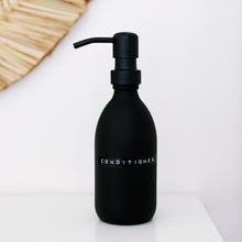 Load image into Gallery viewer, Matt Black Glass Dispenser Bottle With Stamped Personalised Label & Black Metal Pump