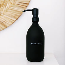 Load image into Gallery viewer, Matt Black Glass Dispenser Bottle With Stamped Personalised Label & Black Metal Pump
